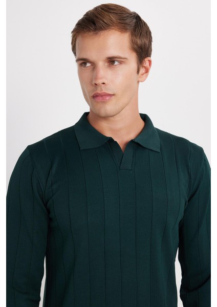 Erkek Slim Fit Dar Kesim Uzun Kol Polo Yaka Çizgili Yeşil Kazak fiyatları