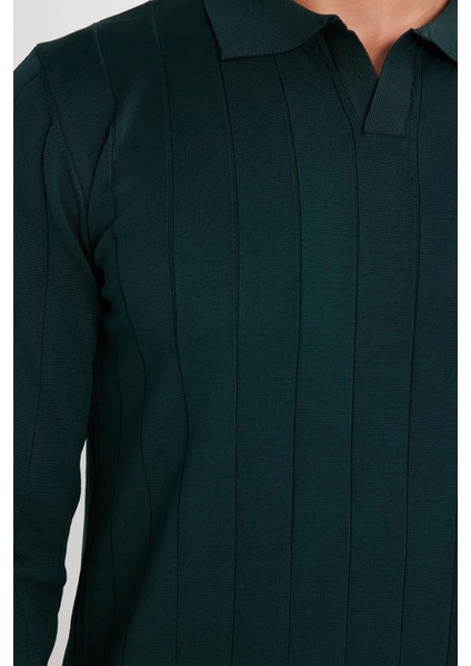 Erkek Slim Fit Dar Kesim Uzun Kol Polo Yaka Çizgili Yeşil Kazak modelleri