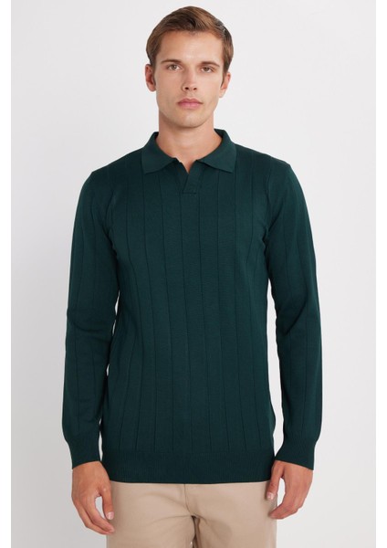 Erkek Slim Fit Dar Kesim Uzun Kol Polo Yaka Çizgili Yeşil Kazak fırsatları