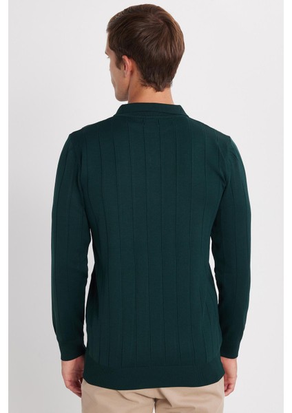 Erkek Slim Fit Dar Kesim Uzun Kol Polo Yaka Çizgili Yeşil Kazak indirimleri
