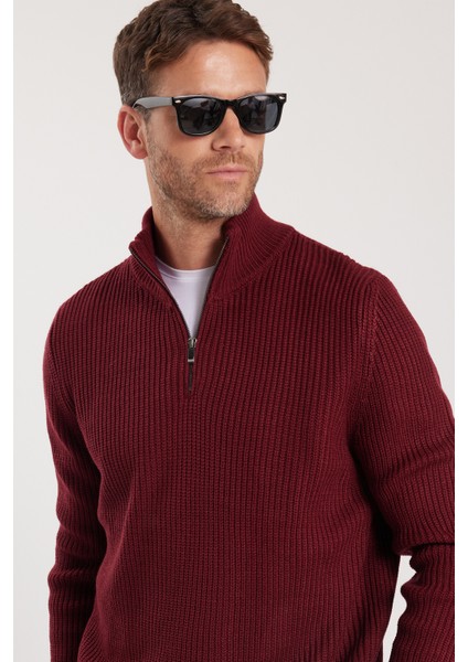 Erkek Slim Fit Dar Kesim Fermuarlı Bordo Dik Yaka Triko Kazak fiyatları