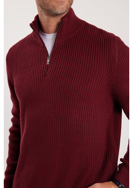 Erkek Slim Fit Dar Kesim Fermuarlı Bordo Dik Yaka Triko Kazak modelleri