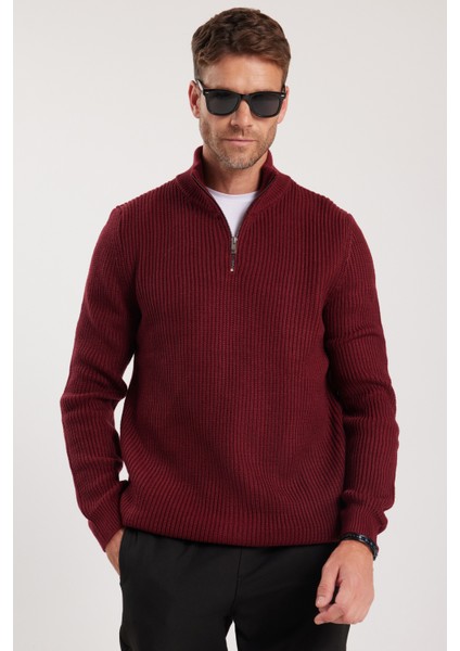 Erkek Slim Fit Dar Kesim Fermuarlı Bordo Dik Yaka Triko Kazak fırsatları