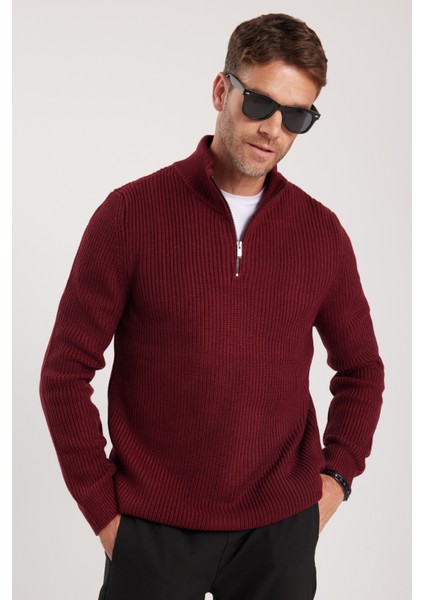 Erkek Slim Fit Dar Kesim Fermuarlı Bordo Dik Yaka Triko Kazak indirimleri