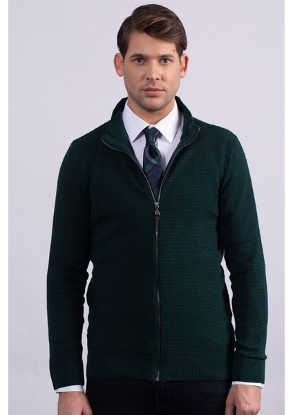 Erkek Standart Fit Normal Kesim Desenli Yarım Balıkçı Yaka Fermuarlı Yeşil Hırka fiyatları
