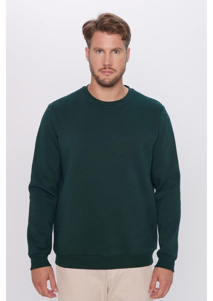 Unisex Relax Fit Rahat Kesim Pamuklu Yumuşak Dokulu İçi Polarlı Basic Yeşil Bisiklet Yaka Sweatshirt fiyatları