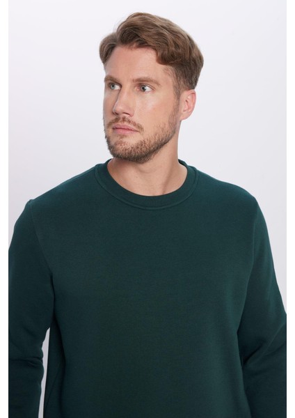 Unisex Relax Fit Rahat Kesim Pamuklu Yumuşak Dokulu İçi Polarlı Basic Yeşil Bisiklet Yaka Sweatshirt modelleri