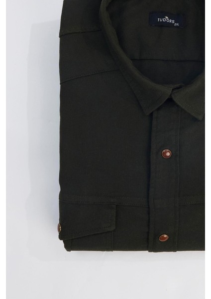 Erkek Big Size Büyük Beden Uzun Kollu Denim Kot Yıkamalı Çift Cepli Armürlü Haki Gömlek modelleri