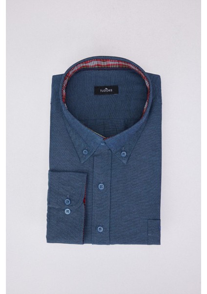 Erkek Big Size Büyük Beden Uzun Kollu Pamuklu Oxford Doku Tek Cepli Indigo Düğmeli Yaka Gömlek