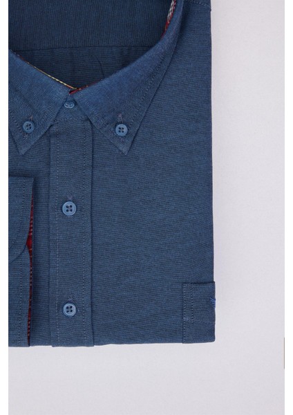 Erkek Big Size Büyük Beden Uzun Kollu Pamuklu Oxford Doku Tek Cepli Indigo Düğmeli Yaka Gömlek modelleri