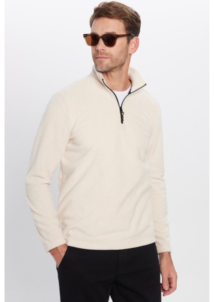 Unisex Standart Fit Rahat Kesim Tüylenme Yapmayan Soğuk Geçirmez Bej Dik Yaka Polar Sweatshirt fiyatları