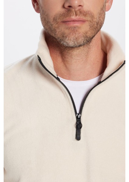 Unisex Standart Fit Rahat Kesim Tüylenme Yapmayan Soğuk Geçirmez Bej Dik Yaka Polar Sweatshirt fırsatları