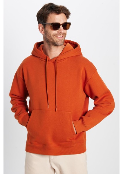 Unisex Oversize Geniş Kesim Pamuklu Yumuşak Dokulu Basic Kiremit Renk Kapüşonlu Sweatshirt fiyatları