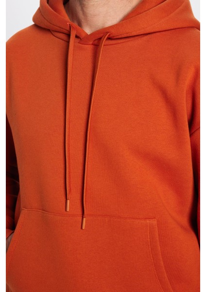 Unisex Oversize Geniş Kesim Pamuklu Yumuşak Dokulu Basic Kiremit Renk Kapüşonlu Sweatshirt fırsatları