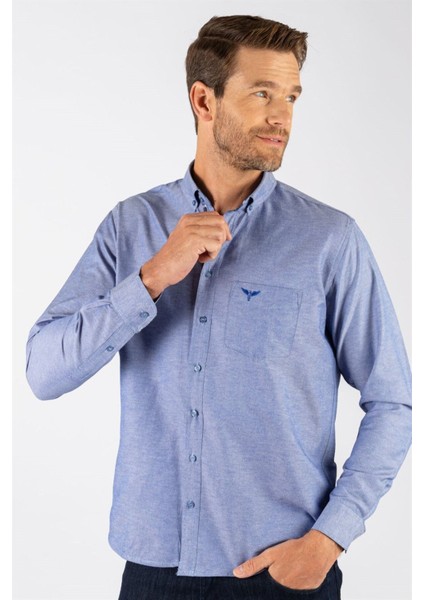 Erkek Regular Fit Klasik Kesim Pamuklu Oxford Doku Tek Cepli Mavi Düğmeli Yaka Gömlek fiyatları