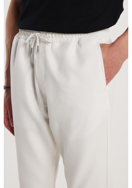 Erkek Regular Fit Beli Lastikli Bağcıklı Jogger Beyaz Pantolon Rahat Kesim Yan Cepli