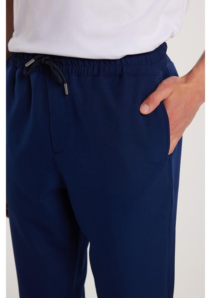 Erkek Regular Fit Beli Regular Fit Lastikli Bağcıklı Jogger Lacivert Pantolon Rahat Kesim Yan Cepli