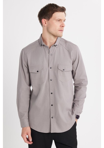 Erkek Regular Fit Rahat Kesim Çift Cepli Spor Yaka Denim Gri Gömlek fiyatları