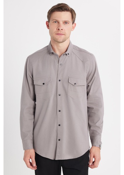 Erkek Regular Fit Rahat Kesim Çift Cepli Spor Yaka Denim Gri Gömlek fırsatları