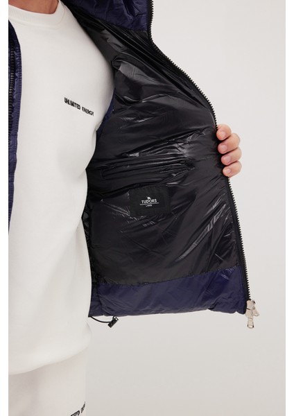 Erkek Standart Fit Dik Yaka Cepli Fermuarlı Lacivert Şişme Yelek