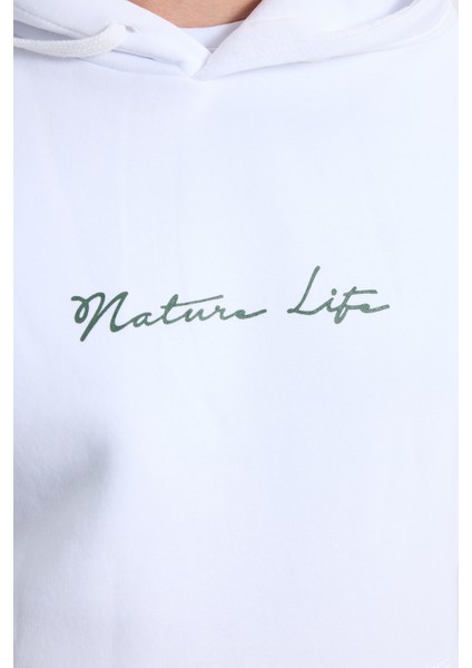 Unisex Oversize Geniş Kesim Pamuklu Yumuşak Dokulu İçi Polarlı Baskılı Beyaz Kapüşonlu Sweatshirt modelleri