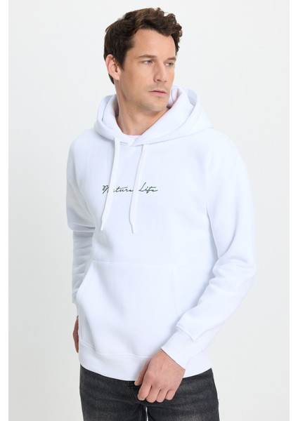 Unisex Oversize Geniş Kesim Pamuklu Yumuşak Dokulu İçi Polarlı Baskılı Beyaz Kapüşonlu Sweatshirt fırsatları