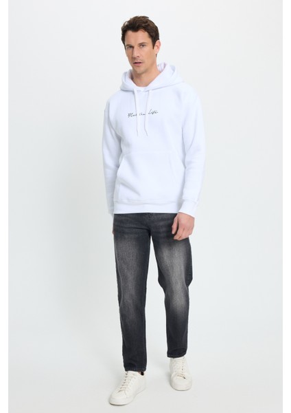 Unisex Oversize Geniş Kesim Pamuklu Yumuşak Dokulu İçi Polarlı Baskılı Beyaz Kapüşonlu Sweatshirt indirimleri