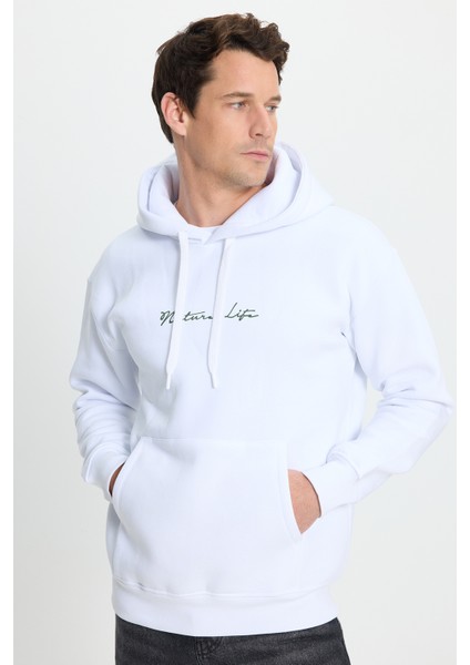 Unisex Oversize Geniş Kesim Pamuklu Yumuşak Dokulu İçi Polarlı Baskılı Beyaz Kapüşonlu Sweatshirt