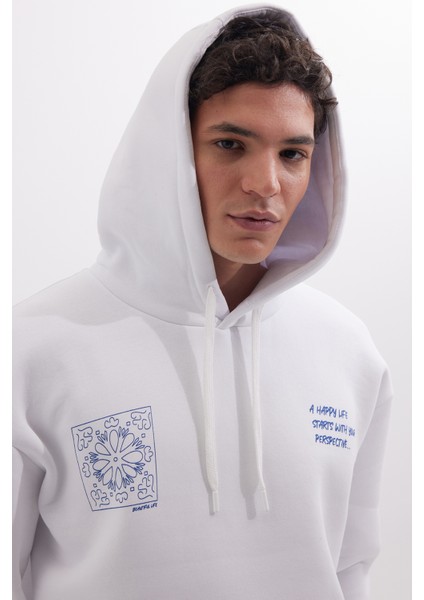Unisex Oversize Geniş Kesim Pamuklu Yumuşak Dokulu İçi Polarlı Baskılı Beyaz Kapüşonlu Sweatshirt fiyatları