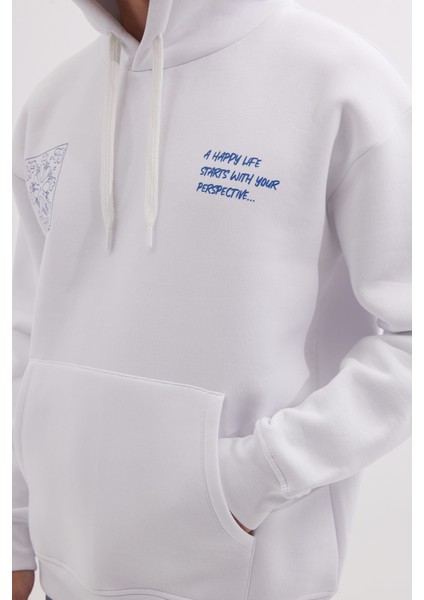Unisex Oversize Geniş Kesim Pamuklu Yumuşak Dokulu İçi Polarlı Baskılı Beyaz Kapüşonlu Sweatshirt modelleri