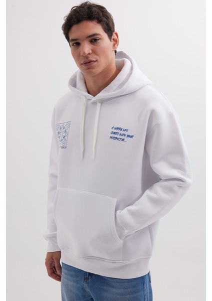 Unisex Oversize Geniş Kesim Pamuklu Yumuşak Dokulu İçi Polarlı Baskılı Beyaz Kapüşonlu Sweatshirt indirimleri