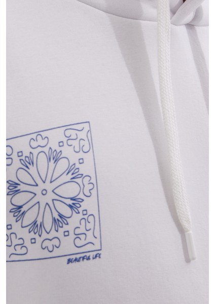 Unisex Oversize Geniş Kesim Pamuklu Yumuşak Dokulu İçi Polarlı Baskılı Beyaz Kapüşonlu Sweatshirt