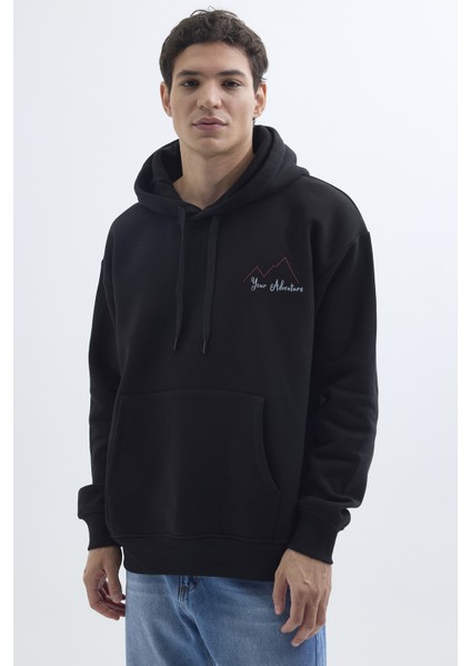 Unisex Oversize Geniş Kesim Pamuklu Yumuşak Dokulu İçi Polarlı Baskılı Siyah Kapüşonlu Sweatshirt fiyatları