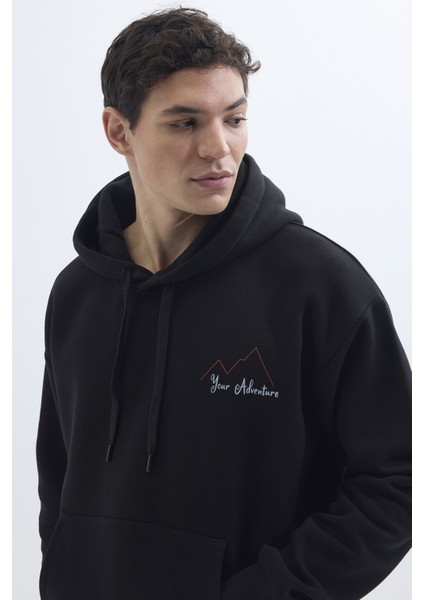 Unisex Oversize Geniş Kesim Pamuklu Yumuşak Dokulu İçi Polarlı Baskılı Siyah Kapüşonlu Sweatshirt modelleri