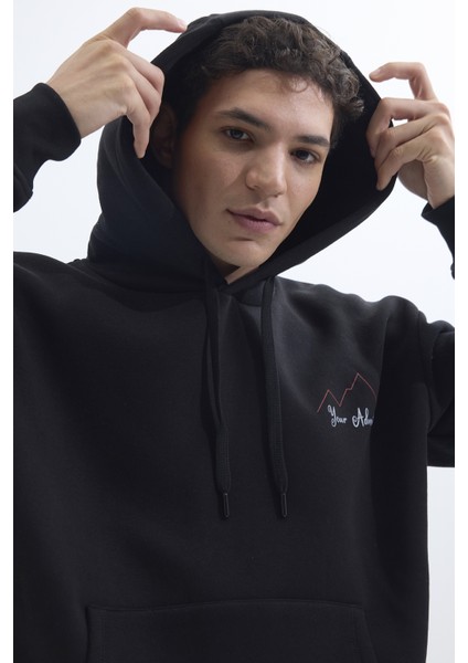 Unisex Oversize Geniş Kesim Pamuklu Yumuşak Dokulu İçi Polarlı Baskılı Siyah Kapüşonlu Sweatshirt fırsatları