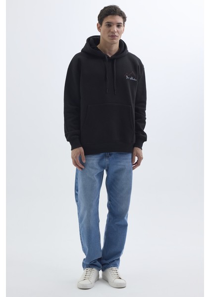 Unisex Oversize Geniş Kesim Pamuklu Yumuşak Dokulu İçi Polarlı Baskılı Siyah Kapüşonlu Sweatshirt indirimleri