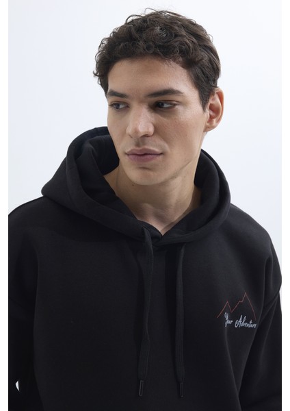 Unisex Oversize Geniş Kesim Pamuklu Yumuşak Dokulu İçi Polarlı Baskılı Siyah Kapüşonlu Sweatshirt