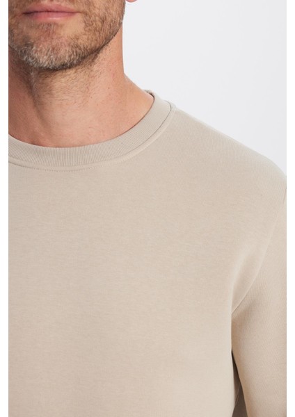 Unisex Relax Fit Rahat Kesim Pamuklu Yumuşak Dokulu Polarlı Basic Taş Renk Bisiklet Yaka Sweatshirt fırsatları