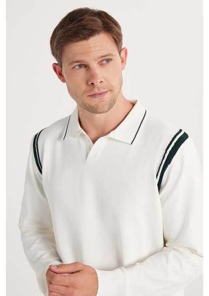 Erkek Slim Fit Dar Kesim Uzun Kol Polo Yaka Çizgili Beyaz Kazak fiyatları