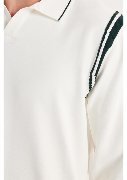 Erkek Slim Fit Dar Kesim Uzun Kol Polo Yaka Çizgili Beyaz Kazak modelleri