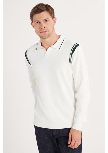 Erkek Slim Fit Dar Kesim Uzun Kol Polo Yaka Çizgili Beyaz Kazak fırsatları