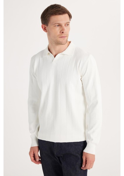 Erkek Slim Fit Dar Kesim Uzun Kol Polo Yaka Çizgili Beyaz Kazak fırsatları