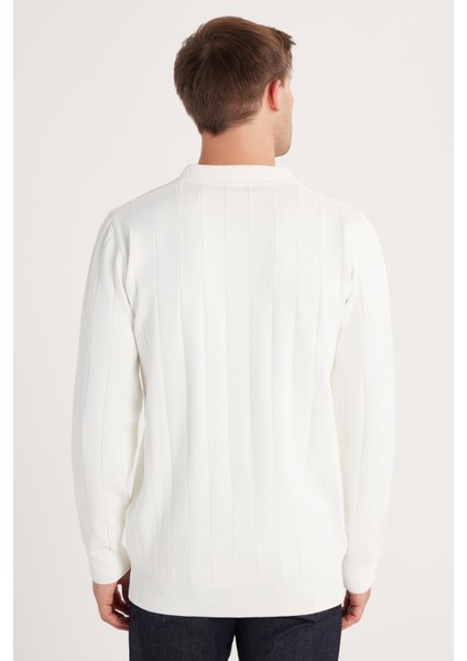 Erkek Slim Fit Dar Kesim Uzun Kol Polo Yaka Çizgili Beyaz Kazak indirimleri