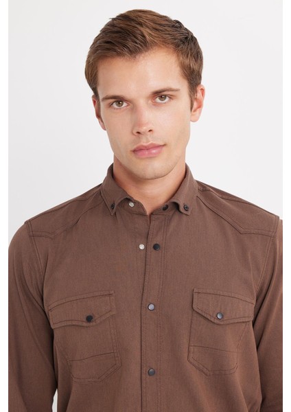 Erkek Regular Fit Rahat Kesim Çift Cepli Spor Yaka Denim Kahverengi Gömlek