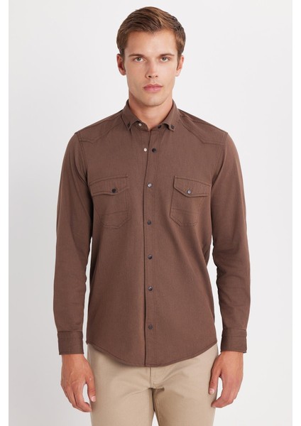 Erkek Regular Fit Rahat Kesim Çift Cepli Spor Yaka Denim Kahverengi Gömlek modelleri