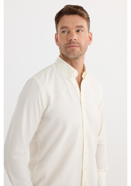 Regular Fit Düğmeli Yaka Pamuklu Kolay Ütü Oxford Düz Erkek Ekru Gömlek fiyatları