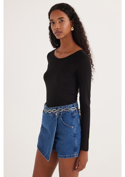 Kadın Slim Fit Dar Kesim Uzun Kollu Viskon Siyah Bluz
