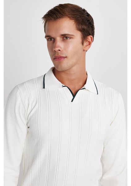 Erkek Slim Fit Dar Kesim Çizgi Detaylı Beyaz Polo Yaka Kazak fiyatları
