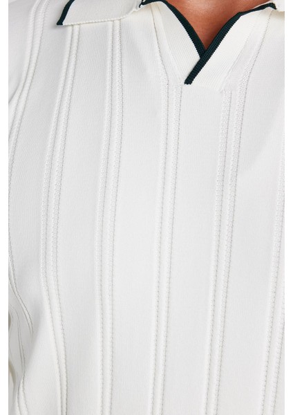 Erkek Slim Fit Dar Kesim Çizgi Detaylı Beyaz Polo Yaka Kazak modelleri