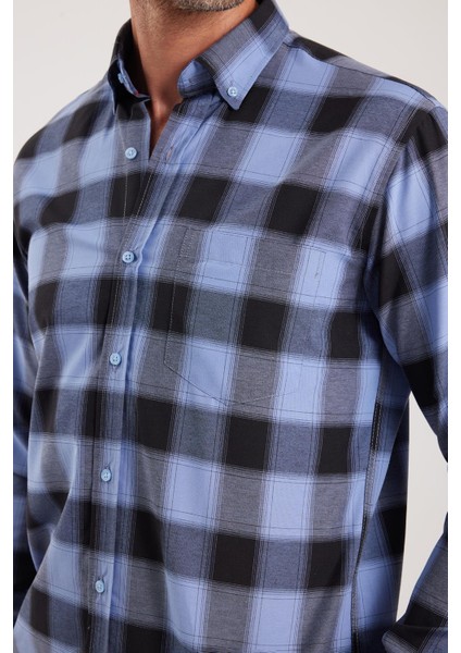 Erkek Regular Fit Klasik Kesim Düğmeli Yaka Küçük Kareli Pamuklu Gömlek fiyatları